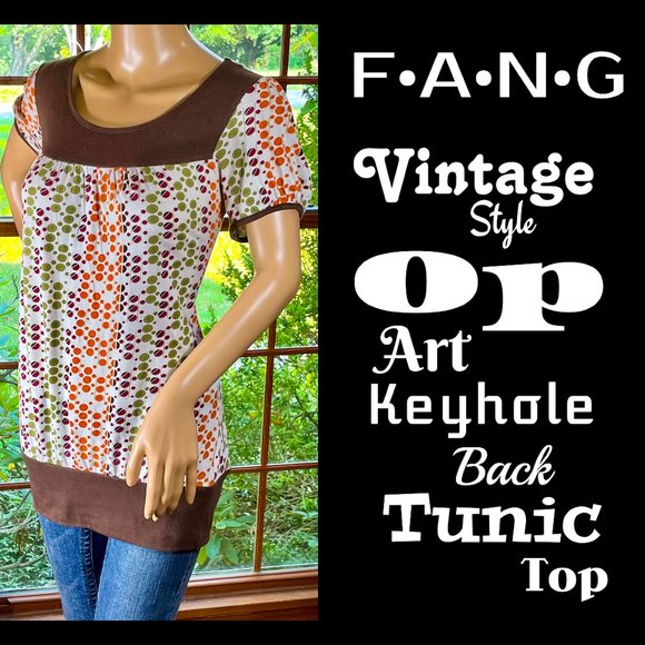▪️FANG▪️ Vtg-Style Op Art Keyhole Back Tunic Top - Picture 1 of 8